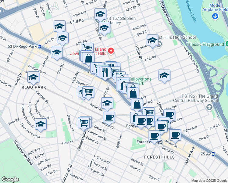 map of restaurants, bars, coffee shops, grocery stores, and more near 102-30 Queens Boulevard in Queens