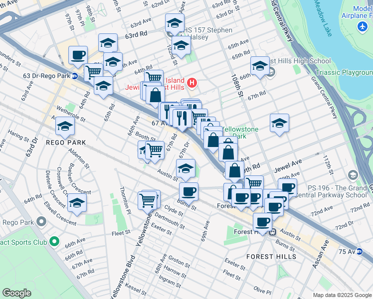 map of restaurants, bars, coffee shops, grocery stores, and more near 67-50 Booth Street in Queens