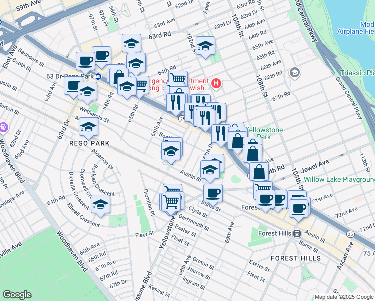 map of restaurants, bars, coffee shops, grocery stores, and more near 9945 67th Road in Queens