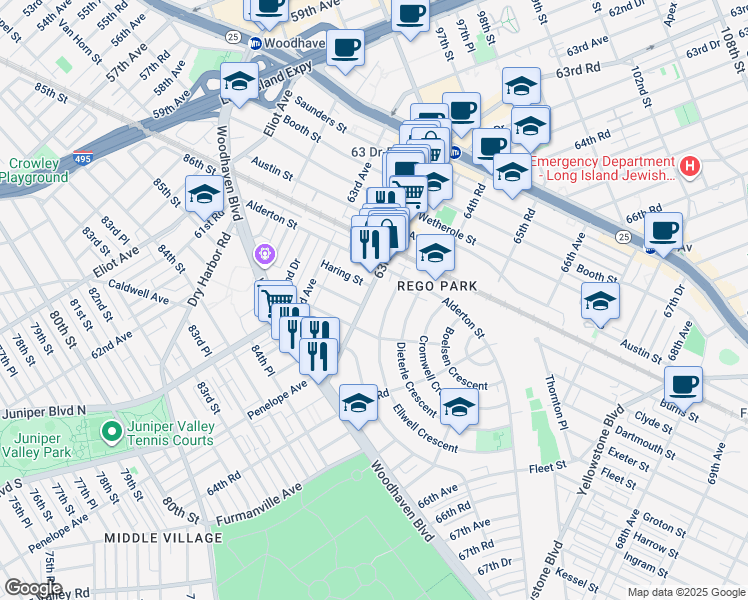 map of restaurants, bars, coffee shops, grocery stores, and more near 62-33 Ellwell Crescent in Queens