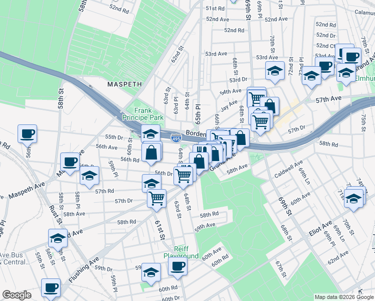 map of restaurants, bars, coffee shops, grocery stores, and more near 56-17 Remsen Place in Queens