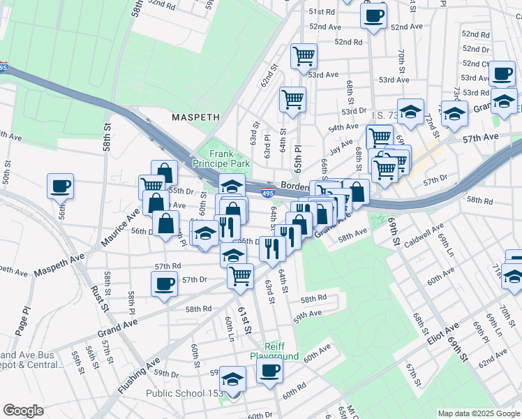 map of restaurants, bars, coffee shops, grocery stores, and more near 55-70 64th Street in Queens