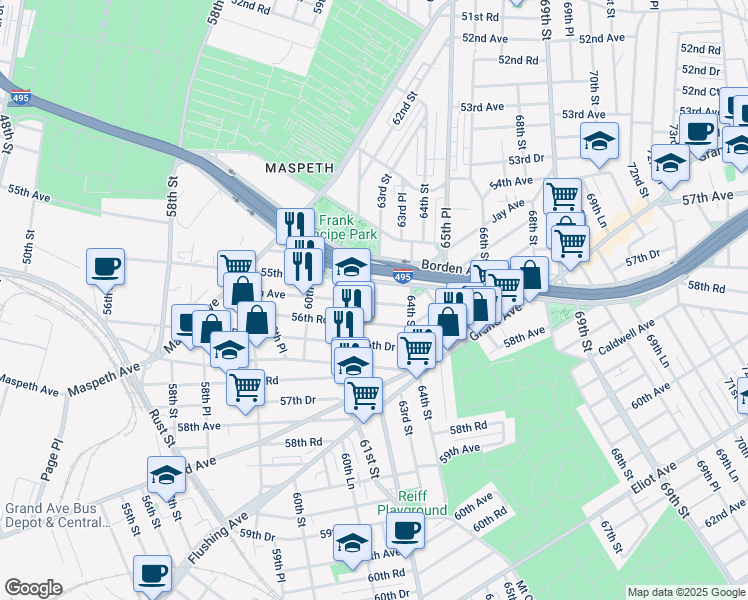 map of restaurants, bars, coffee shops, grocery stores, and more near 61-14 55th Drive in Queens