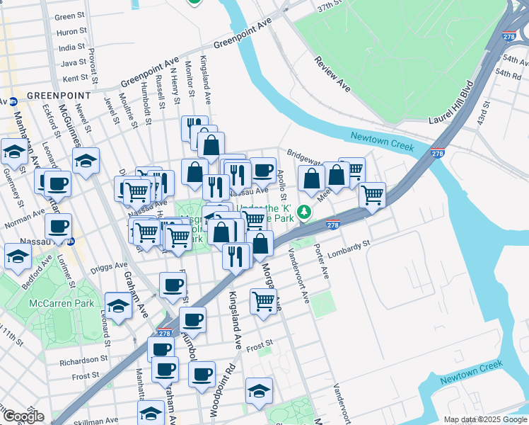 map of restaurants, bars, coffee shops, grocery stores, and more near 594 Morgan Avenue in Brooklyn
