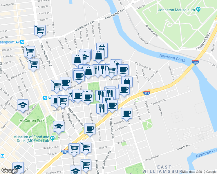 map of restaurants, bars, coffee shops, grocery stores, and more near 61 Sutton Street in Brooklyn