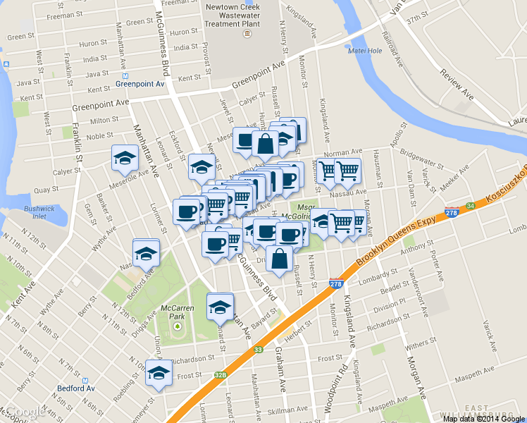 map of restaurants, bars, coffee shops, grocery stores, and more near 663 Humboldt Street in Brooklyn