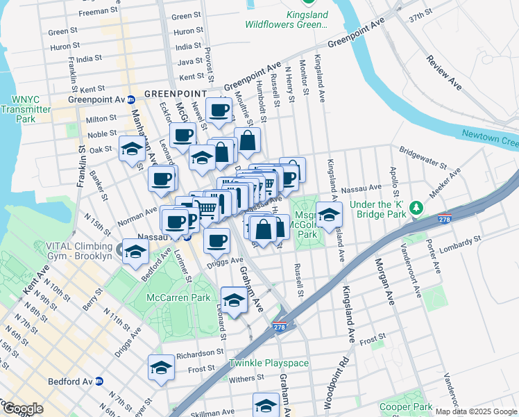 map of restaurants, bars, coffee shops, grocery stores, and more near 147 Nassau Avenue in Brooklyn