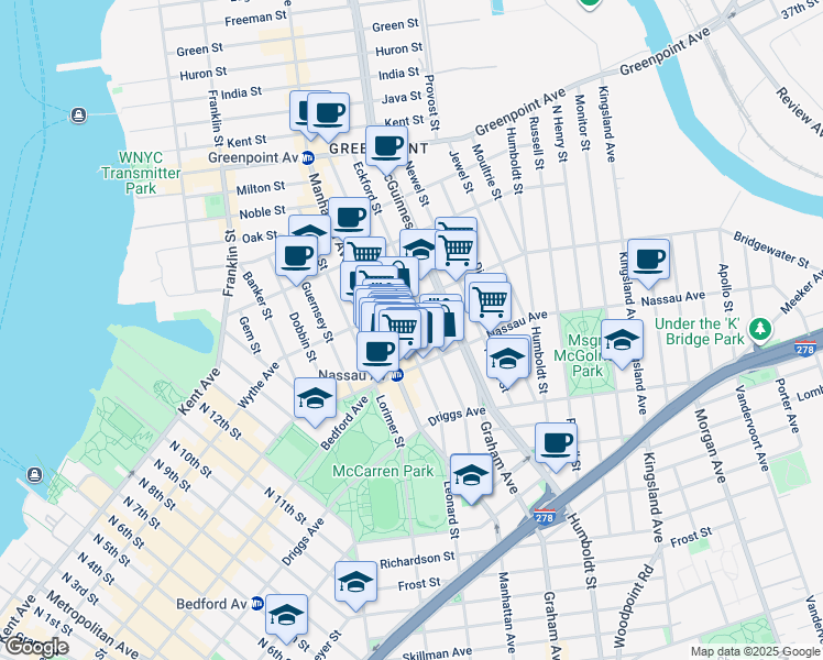 map of restaurants, bars, coffee shops, grocery stores, and more near 588 Leonard Street in Brooklyn