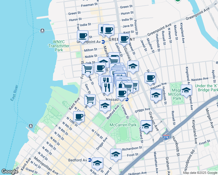 map of restaurants, bars, coffee shops, grocery stores, and more near 62 Norman Avenue in Brooklyn