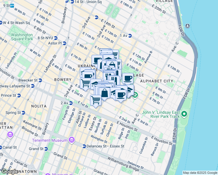map of restaurants, bars, coffee shops, grocery stores, and more near 79 Avenue A in New York