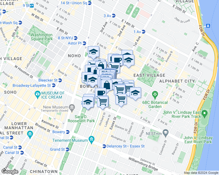 map of restaurants, bars, coffee shops, grocery stores, and more near 57 1st Avenue in New York