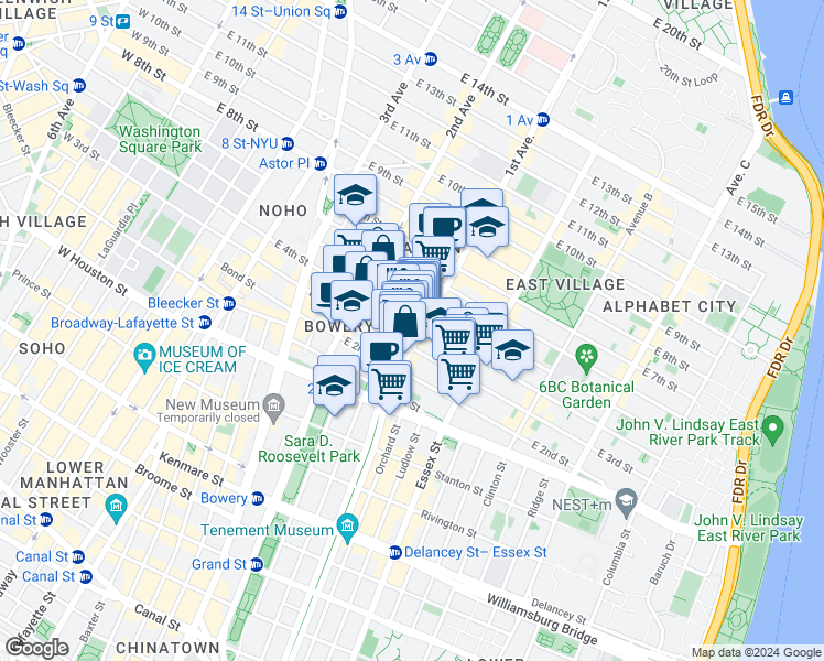map of restaurants, bars, coffee shops, grocery stores, and more near 57 1st Avenue in New York