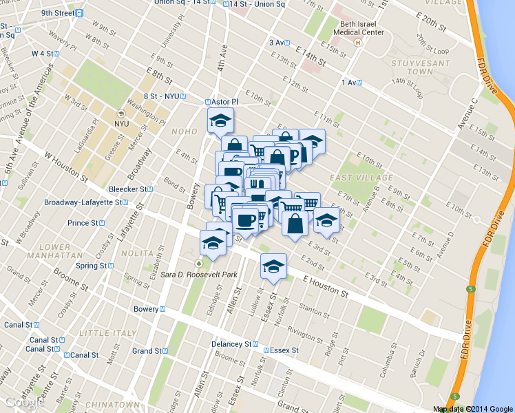 map of restaurants, bars, coffee shops, grocery stores, and more near 57 1st Avenue in New York