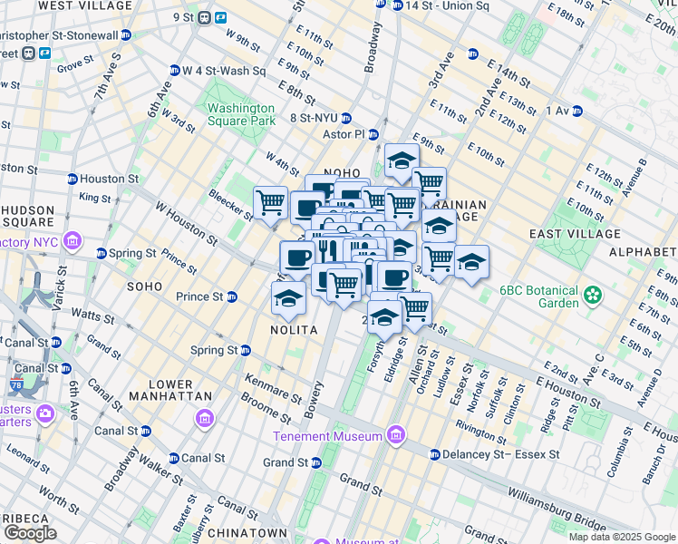 map of restaurants, bars, coffee shops, grocery stores, and more near 305 Bowery in New York