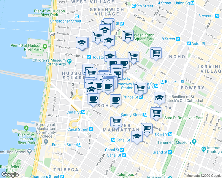 map of restaurants, bars, coffee shops, grocery stores, and more near in New York