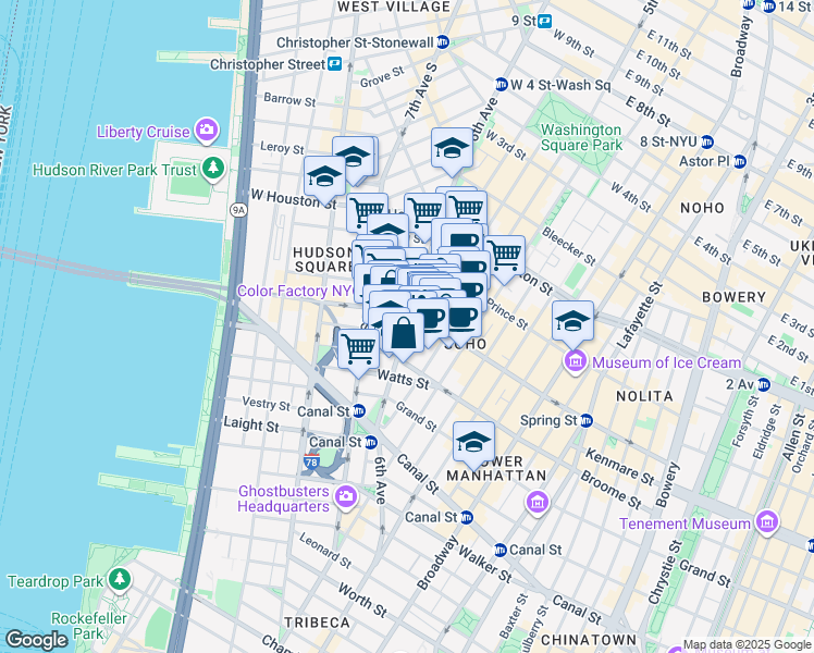 map of restaurants, bars, coffee shops, grocery stores, and more near in New York
