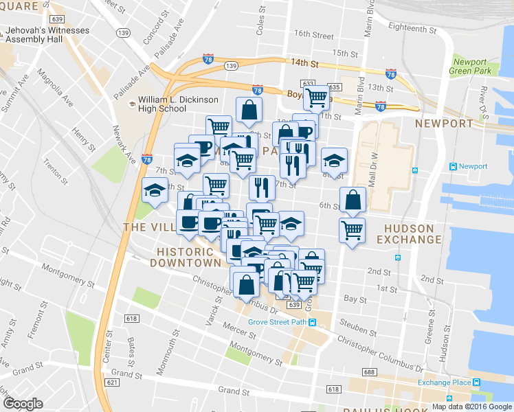 map of restaurants, bars, coffee shops, grocery stores, and more near 272 5th Street in Jersey City