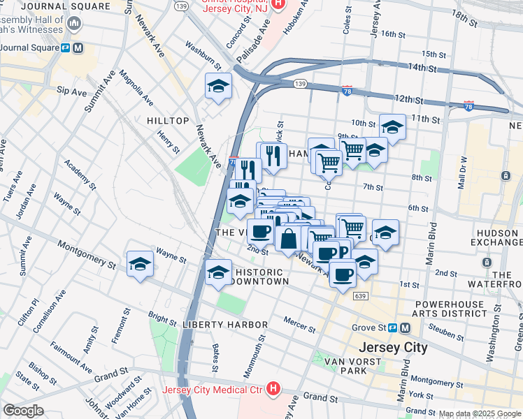 map of restaurants, bars, coffee shops, grocery stores, and more near in Jersey City