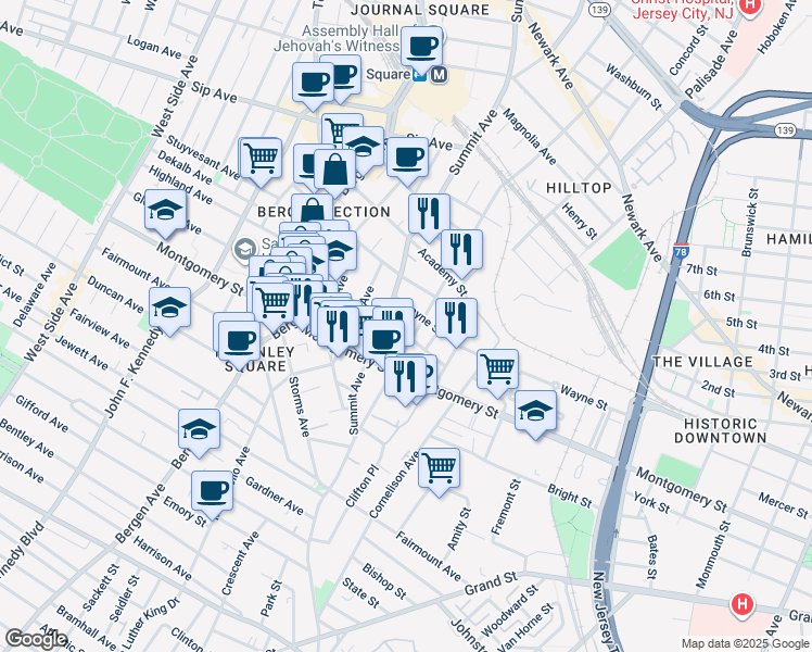 map of restaurants, bars, coffee shops, grocery stores, and more near 493 Mercer Street in Jersey City