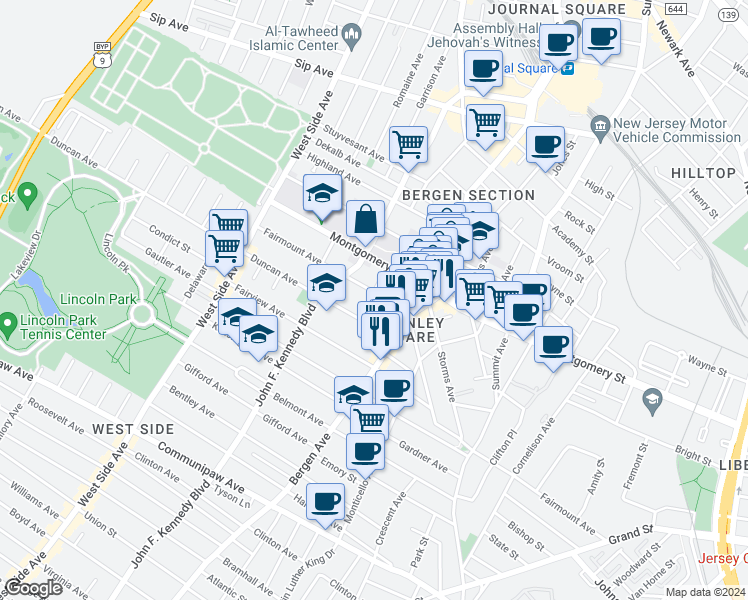 map of restaurants, bars, coffee shops, grocery stores, and more near 333 Fairmount Avenue in Jersey City