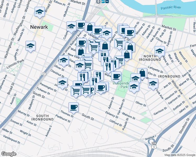 map of restaurants, bars, coffee shops, grocery stores, and more near 225 Jefferson Street in Newark