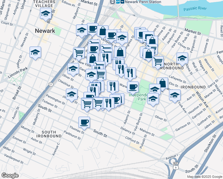 map of restaurants, bars, coffee shops, grocery stores, and more near 225 Jefferson Street in Newark