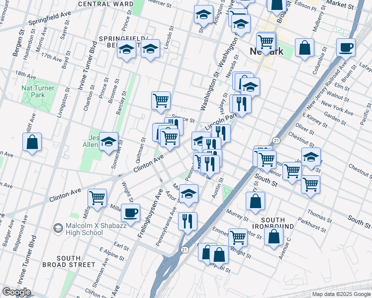 map of restaurants, bars, coffee shops, grocery stores, and more near 15 Thomas Street in Newark