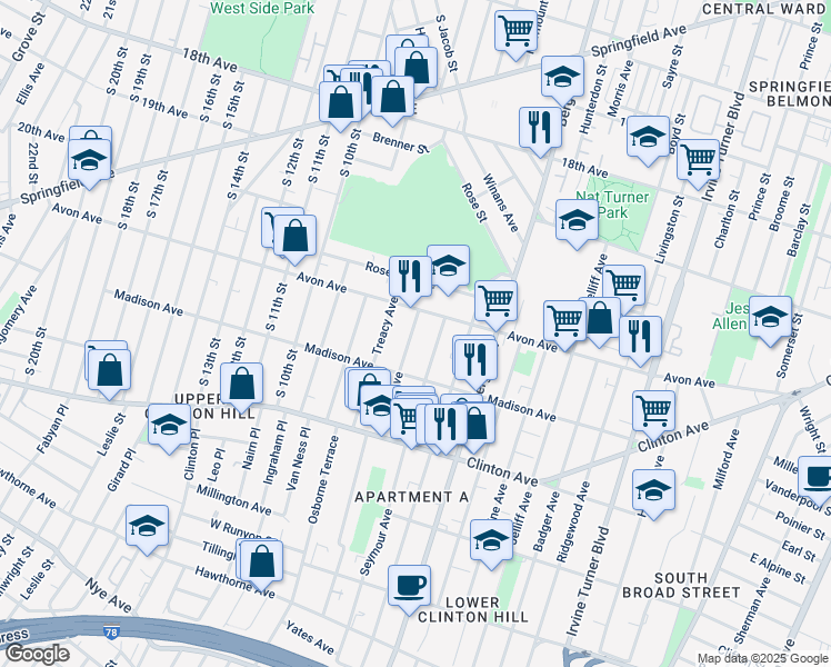 map of restaurants, bars, coffee shops, grocery stores, and more near 15 Farley Avenue in Newark