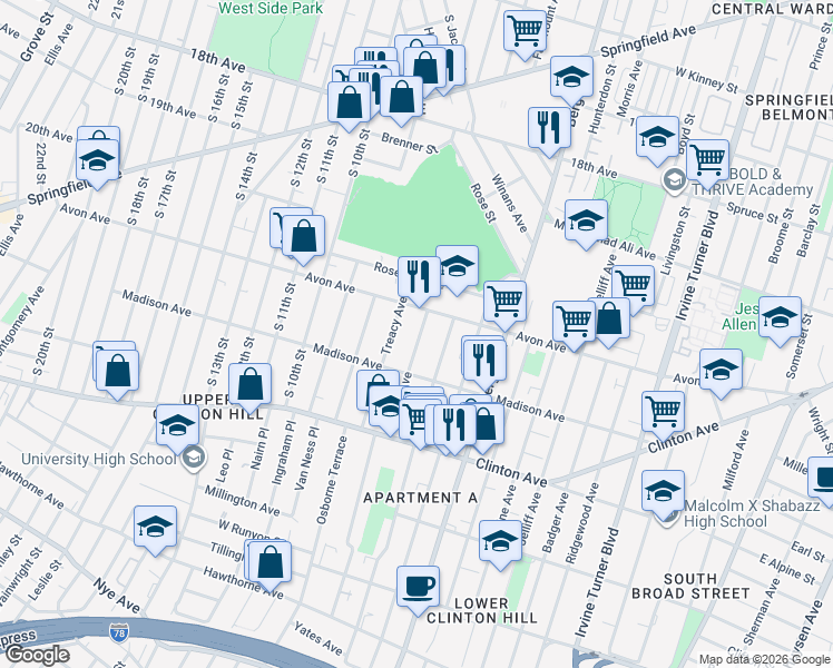 map of restaurants, bars, coffee shops, grocery stores, and more near 15 Farley Avenue in Newark