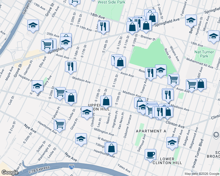 map of restaurants, bars, coffee shops, grocery stores, and more near 814-816 South 12th Street in Newark