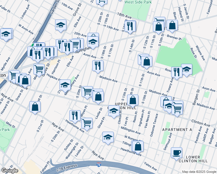 map of restaurants, bars, coffee shops, grocery stores, and more near 877 South 16th Street in Newark