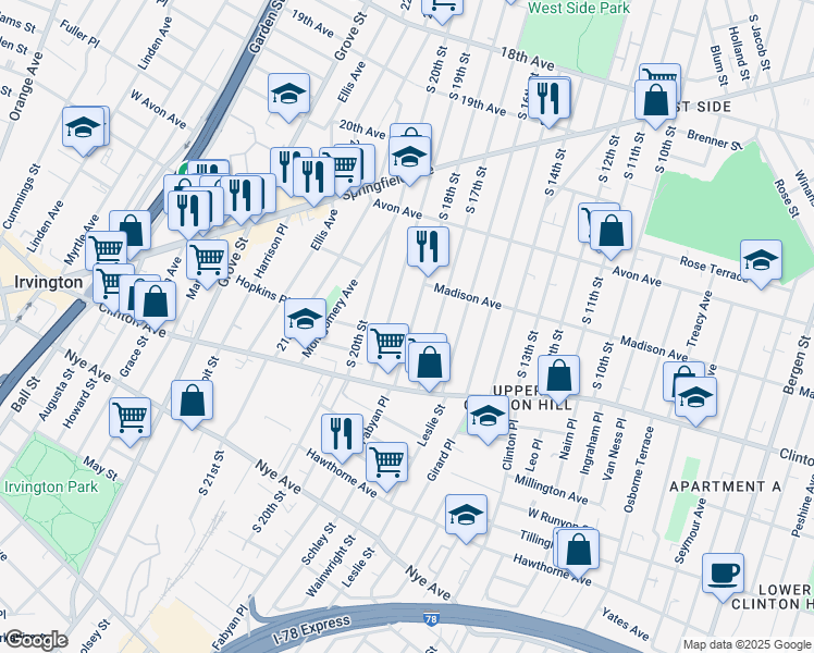 map of restaurants, bars, coffee shops, grocery stores, and more near 896 South 18th Street in Newark