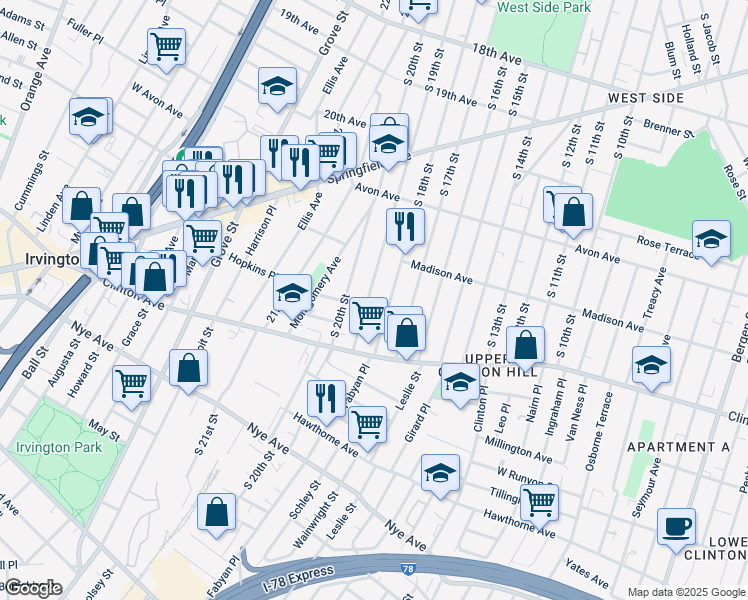 map of restaurants, bars, coffee shops, grocery stores, and more near 905 South 19th Street in Newark