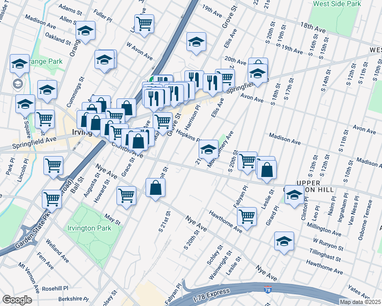 map of restaurants, bars, coffee shops, grocery stores, and more near 24 Ellis Avenue in Irvington
