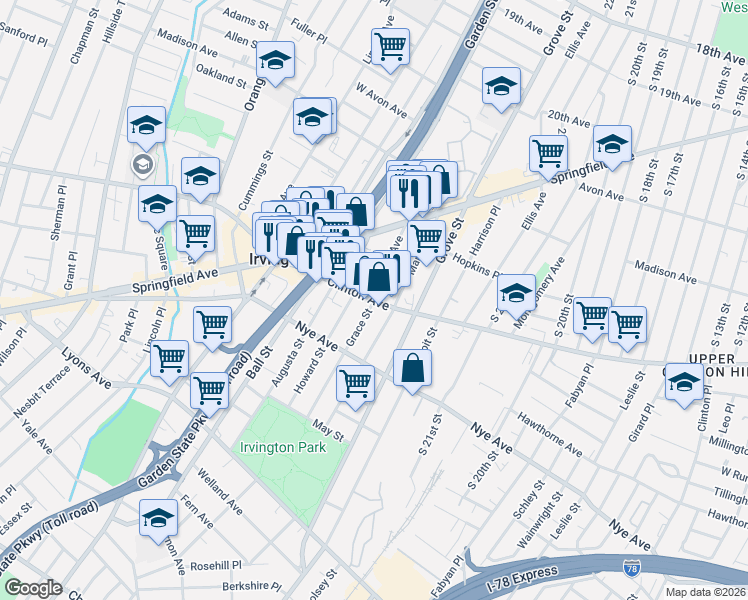 map of restaurants, bars, coffee shops, grocery stores, and more near 1018 Clinton Avenue in Irvington