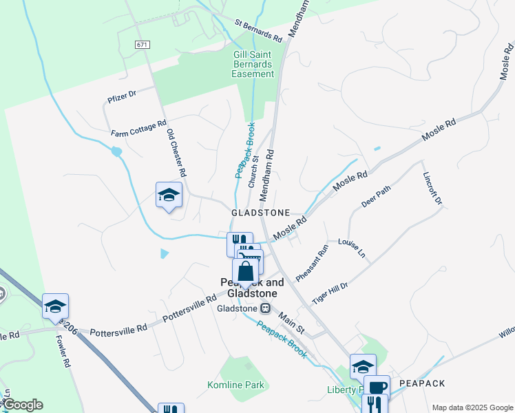 map of restaurants, bars, coffee shops, grocery stores, and more near in Peapack and Gladstone