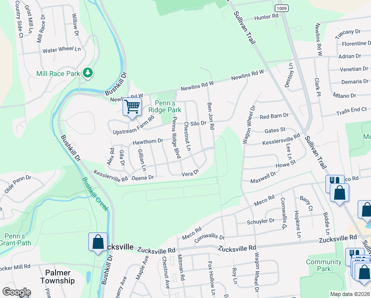 map of restaurants, bars, coffee shops, grocery stores, and more near 2530 Penns Ridge Boulevard in Easton