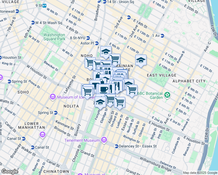 map of restaurants, bars, coffee shops, grocery stores, and more near 58 East 3rd Street in New York