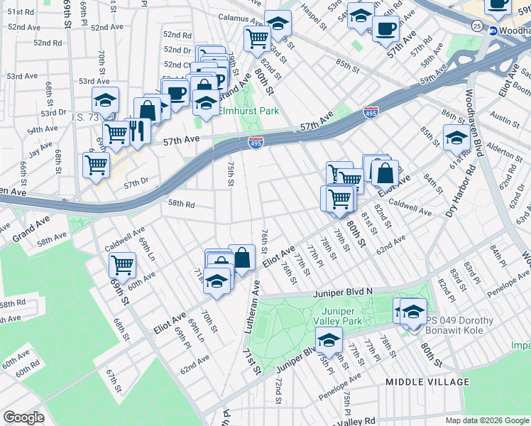 map of restaurants, bars, coffee shops, grocery stores, and more near 76-01 Caldwell Avenue in Queens