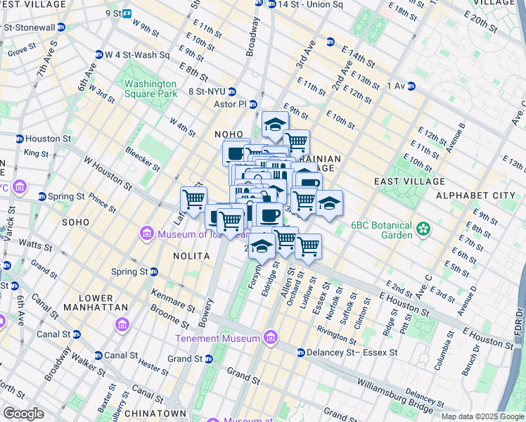 map of restaurants, bars, coffee shops, grocery stores, and more near 36 East 2nd Street in New York