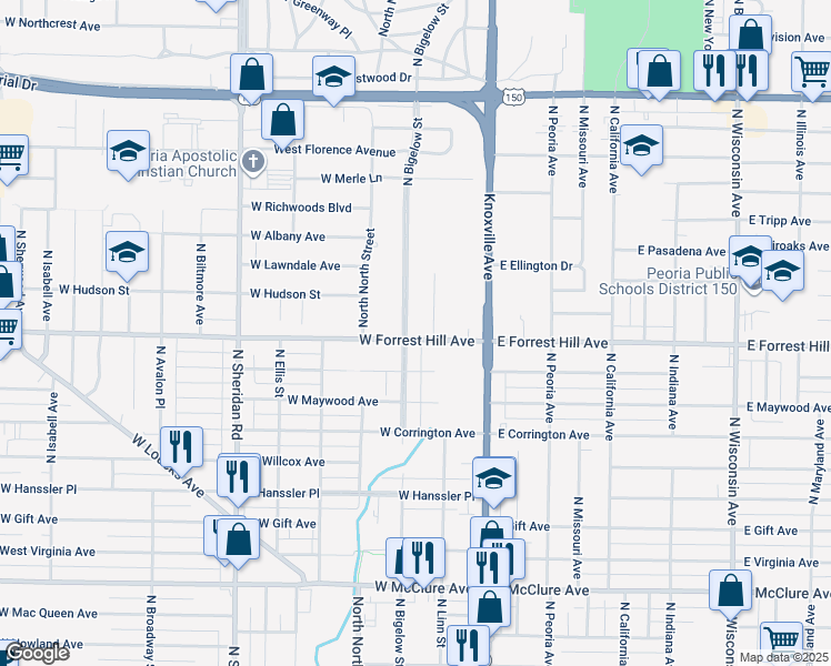 map of restaurants, bars, coffee shops, grocery stores, and more near 211 W Forrest Hill Ave in Peoria