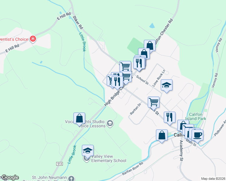 map of restaurants, bars, coffee shops, grocery stores, and more near 425 County Road 513 in Califon