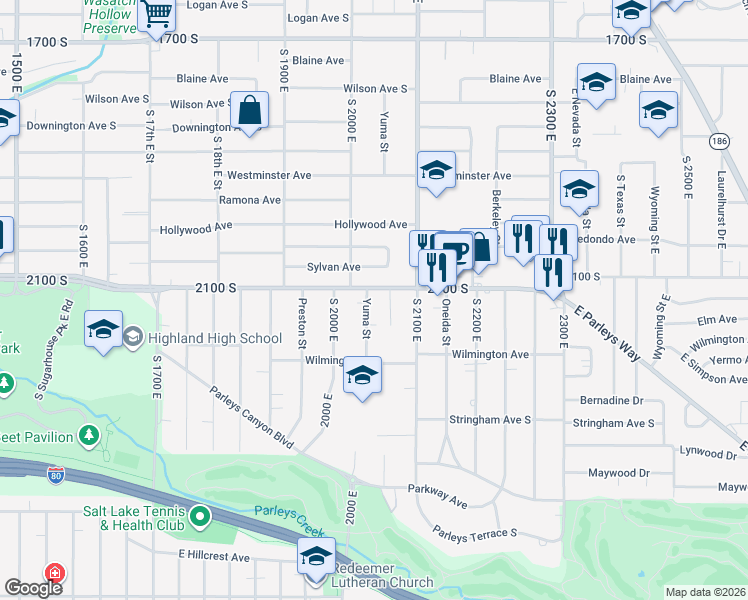 map of restaurants, bars, coffee shops, grocery stores, and more near 2018 East 2100 South in Salt Lake City
