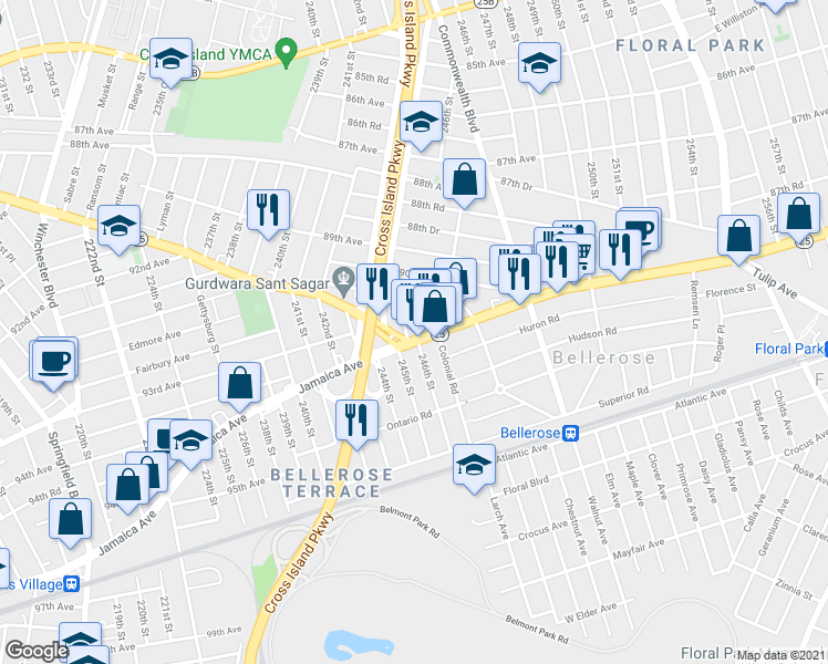 map of restaurants, bars, coffee shops, grocery stores, and more near 245-07 Jamaica Avenue in Queens