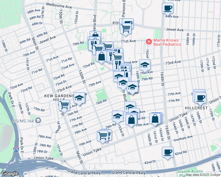 map of restaurants, bars, coffee shops, grocery stores, and more near 75-25 153rd Street in Queens
