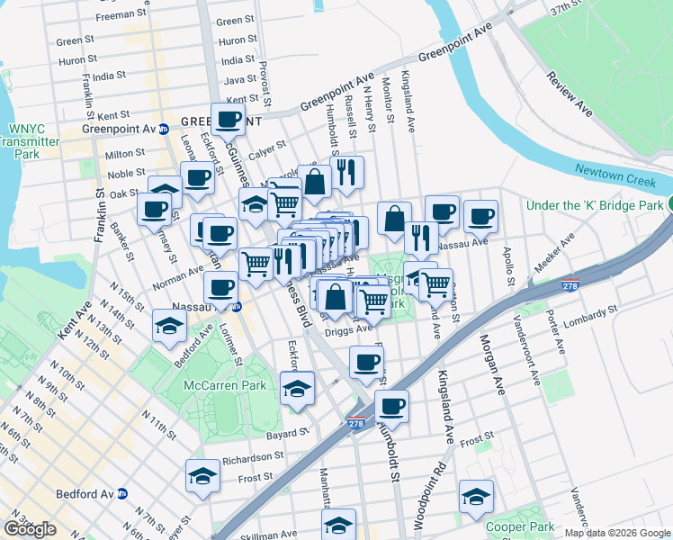 map of restaurants, bars, coffee shops, grocery stores, and more near 663 Humboldt Street in Brooklyn
