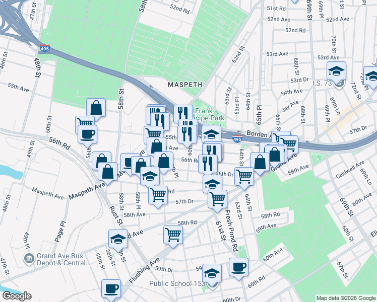map of restaurants, bars, coffee shops, grocery stores, and more near in Queens