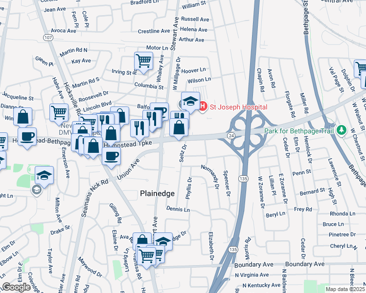 map of restaurants, bars, coffee shops, grocery stores, and more near 8 Seitz Drive in Bethpage