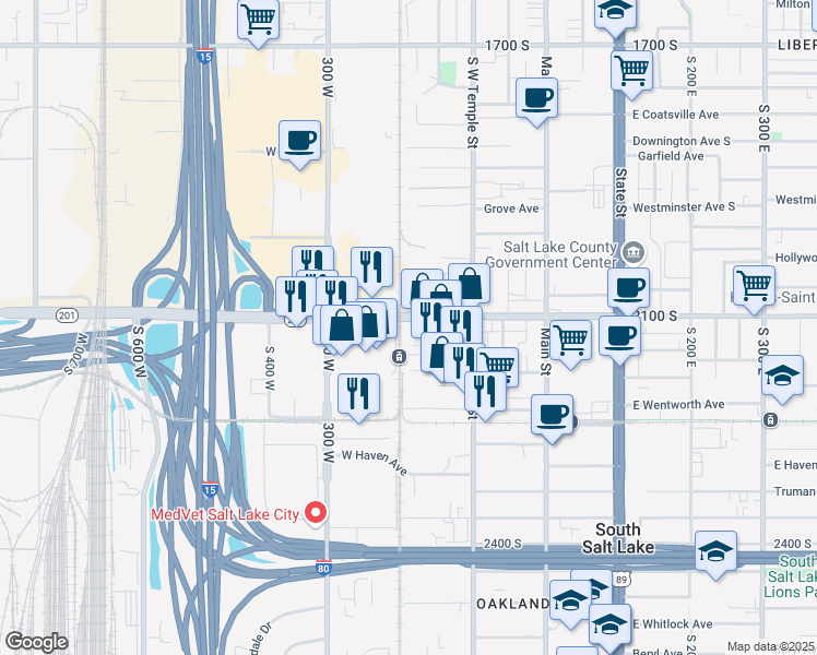 map of restaurants, bars, coffee shops, grocery stores, and more near 195 2100 South in Salt Lake City