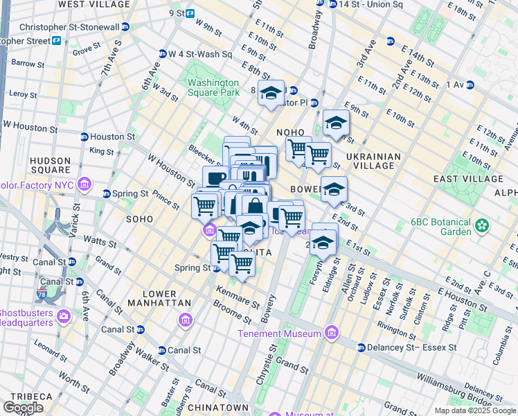 map of restaurants, bars, coffee shops, grocery stores, and more near 298 Mulberry Street in New York